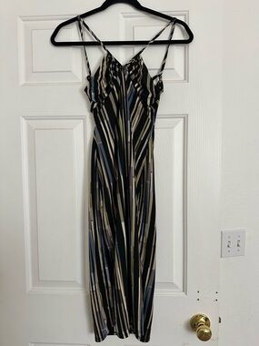 BCBGMaxAzria Striped Black, Blue & Tan Maxi Slip Dress